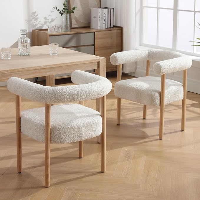 Mid-Century Modern Dining Chairs Set of 4, Armrest Barrel Dining Chairs Side Accent Chairs with Curved Back, Upholstered Wood Armchairs for Kitchen, Sherpa White