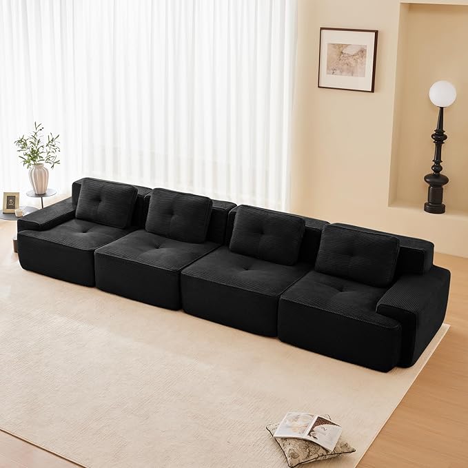 150" Modern Compressed Boneless Couch, 4 Seater Sectional Couches for Living Room, Black Corduroy Cloud Modular Sectional Sofa, Comfy Memory Foam, Extra Deep, Sofas para Sala, No Assembly