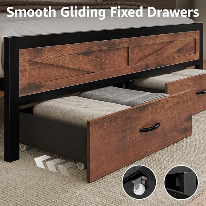 Rustic Queen Bed Frame with Storage Drawers and Barn Door Headboard, Farmhouse LED Bed Frame Queen Size with Charging Station, Metal Industrial Platform Bed Frames, No Box Spring Needed, Brown