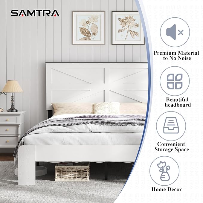 Wooden Bed Frame King Size with Headboard, Farmhouse Platform Bedframe with Wood Slat Support, Sturdy Framework Bed Frame, Easy Assembly (Rustic White)