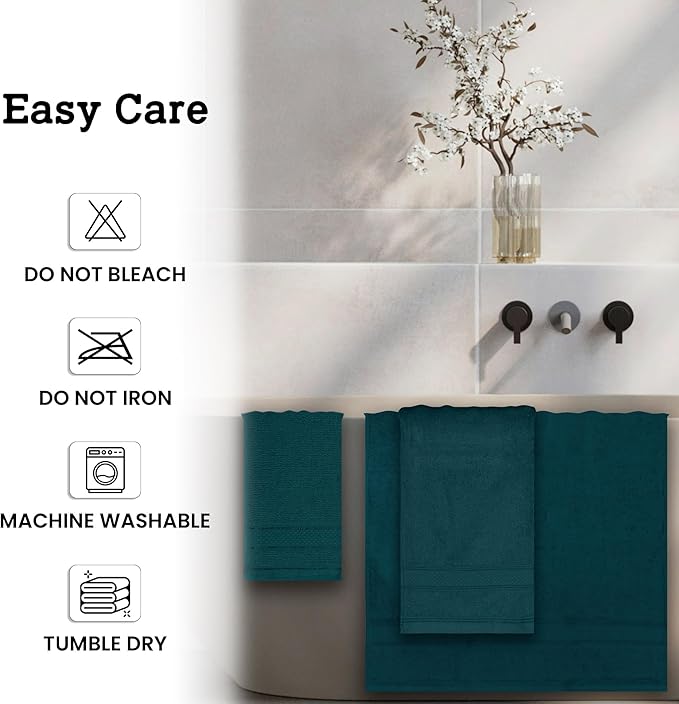 Casa Lino 4 Piece Bath Towel Set | 1 Bath Towel, 2 Wash Cloth, 1 Hand Towels | Bathroom Essentials for New Home, 100% Cotton Luxury Towels, Highly Absorbent Bathroom Set, Teal.