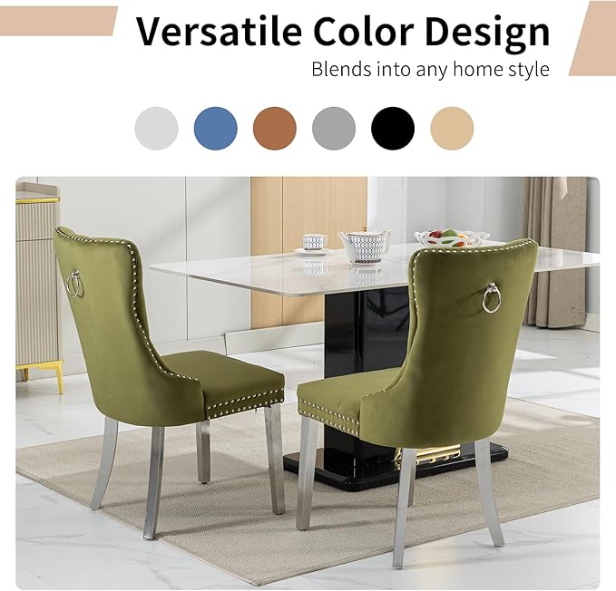 Luxury Upholstered Dining Chairs Set of 8, Olive Green Kitchen Chair with Silver Metal Legs, Velvet Tufted Back Dining Chair, Sillas de Comedor, Modern Kitchen & Dining Room Chairs (Olive, 8 Pcs)