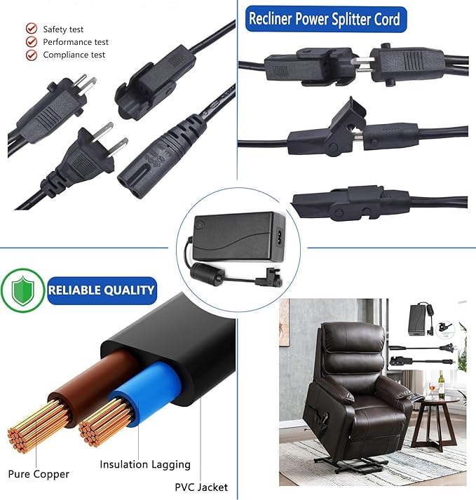 6.5 Feet 2-Pin Cable Extension Cord Replacement Power Supply Cable for Lift Chair or Power Recliner, for Okin Limoss Lazy boy Pride Catnapper Lift Chair or Power Recliner