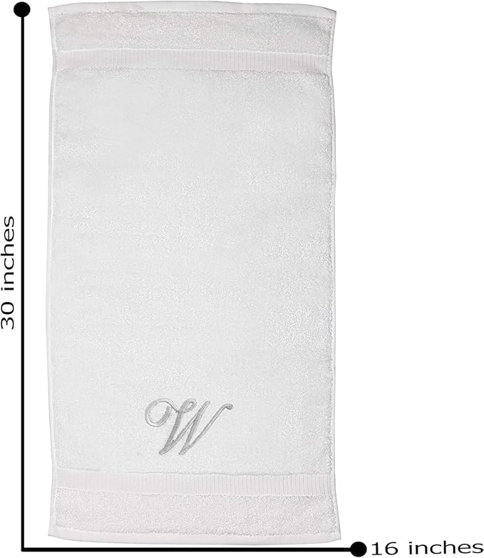 White Monogrammed Hand Towels for Bathroom - Luxury Hotel Quality Personalized Initial Embroidered Towel for Powder Room, Spa - GOTS Organic Certified - Set of 2 Silver Letter W