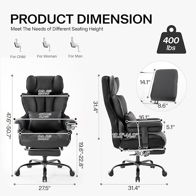 Big and Tall Office Chair 400lbs Wide Seat,High Back Gaming Chair with Foot Rest, Ergonomic Reclining Executive Office Chairs Lumbar Support,Leather Computer Chair Adjustable Arm(Black)