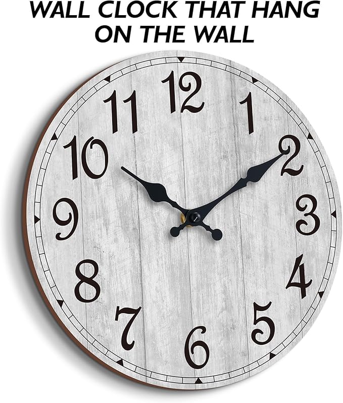 HYLANDA Wall Clock, 10 Inch Wall Clocks Battery Operated Silent Non Ticking, Country Wooden Clocks Farmhous Clock for Bathroom, Living Room, Kitchen, Bedrooms (Gray)