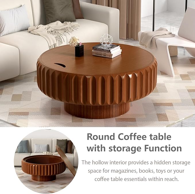 31.5'' Wooden Round Coffee Table with Storage, Modern Luxury Circle Drum Center Tables with Solid Wood Fluted, Accent Round Coffee Table for Living Room Apartment Small Space, Walnut