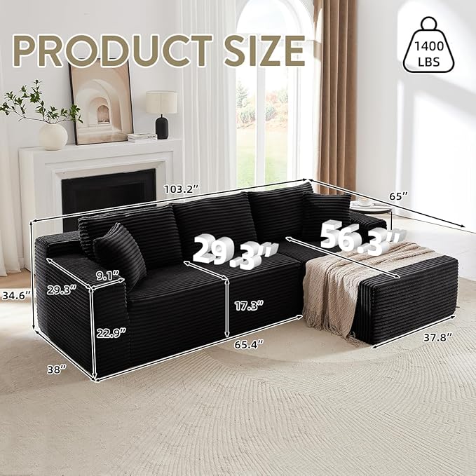 104 Inch Cloud Sectional Couch with L-Shape Chaise,Modern Upholstered Couches with Deep Seat,Corduroy Sponge Compressed Sofa for Living Room, Bedroom,No Assembly Required(Black)