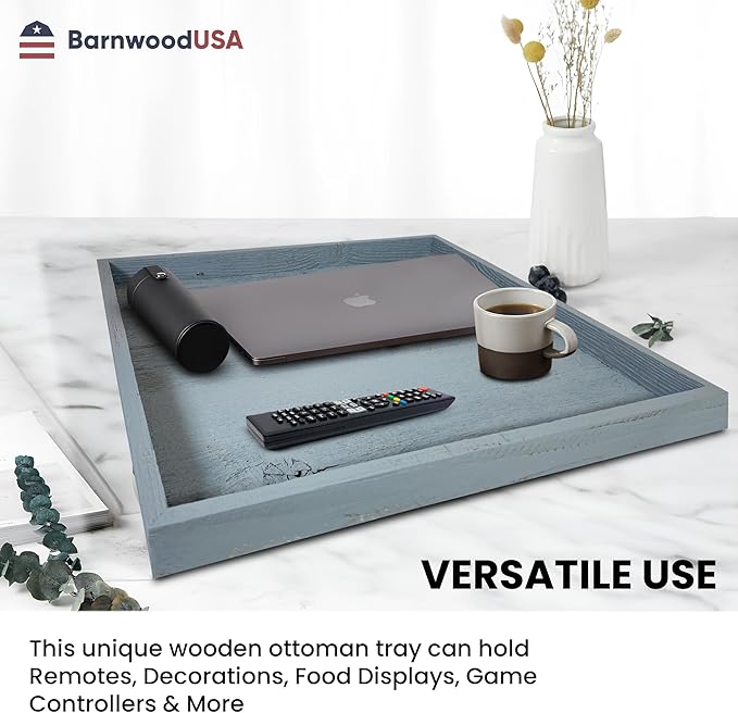Wooden Ottoman Tray with Felt Pad – Decorative Couch Serving Tray Made with Real Rustic Reclaimed Wood - Perfect for Living Room Ottomans, Sofas, & Coffee Tables -24" x 24"- Slate Blue
