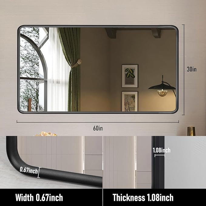 Black Framed Mirrors for Bathroom,60 x 30 Inch Rounded Conner Rectangle Mirror for Wall, Matte Black Vanity Mirror with Tempered Glass,Anti-Rust,Hangs Horizontally or Vertically