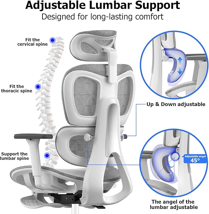 PatioMage Ergonomic Office Chair, Big and Tall Desk Chair with Adjustable Lumbar Support & Seat Depth, High Back Computer Chair, Swivel Mesh Chairs with Wheels for Home Office, White