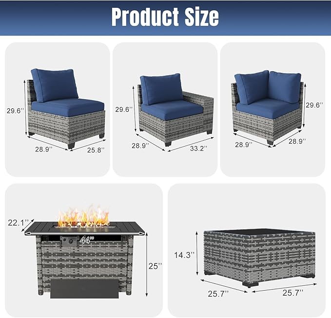 Aoxun 13 Pieces Patio Furniture Set with 44” Fire Pit Table Wicker Rattan Outdoor Sectional Conversation Set with Coffee Table and 4” Thickened Cushions, Gray/Blue(Waterproof Cover Included)