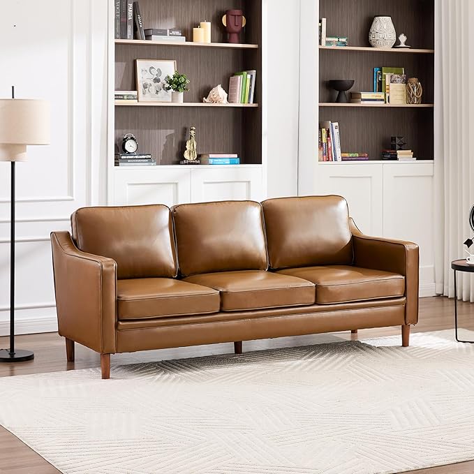 Kingfun 80" Faux Leather Sofa, 3 Seater Couch, Mid Century Modern Couch with Solid Wood Frame for Living Room & Bedroom, Brown