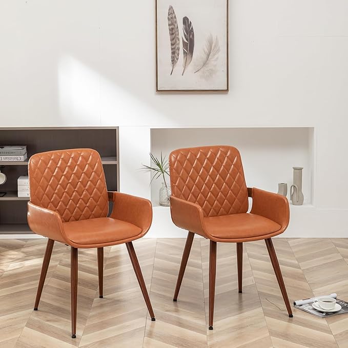 LUNLING Mid Century Modern Faux Leather Dining Chairs Set of 4,Orange Upholstered Seat,Metal Legs Kitchen Chair,Adjustable Foot for Kitchen Dining Room Desk Chairs