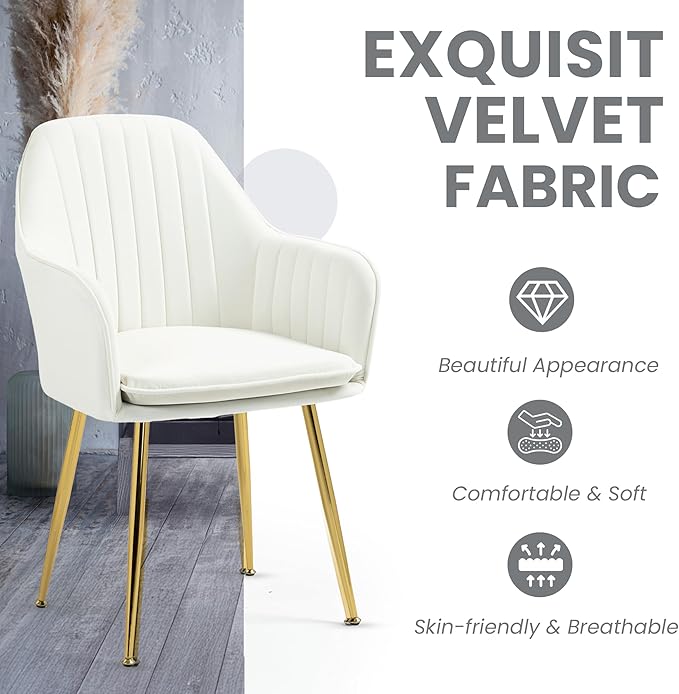 ECOTOUGE Matte Velvet Dining Chairs Set of 4, Modern Arm Chair with Golden Metal Legs, Living Room Accent Chairs for Kitchen, Beige