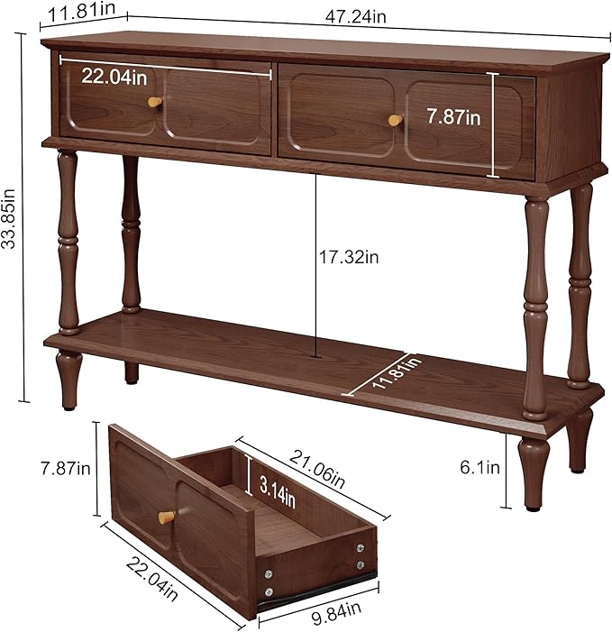 ARTPOWER Mid-Century Console Table for Entryway with 2 Drawers, Brown Retro Entryway Table with Storage Cabinets and Open Shelf, Narrow Long Couch Table Behind Sofa for Living Room, Foyer, Hallway