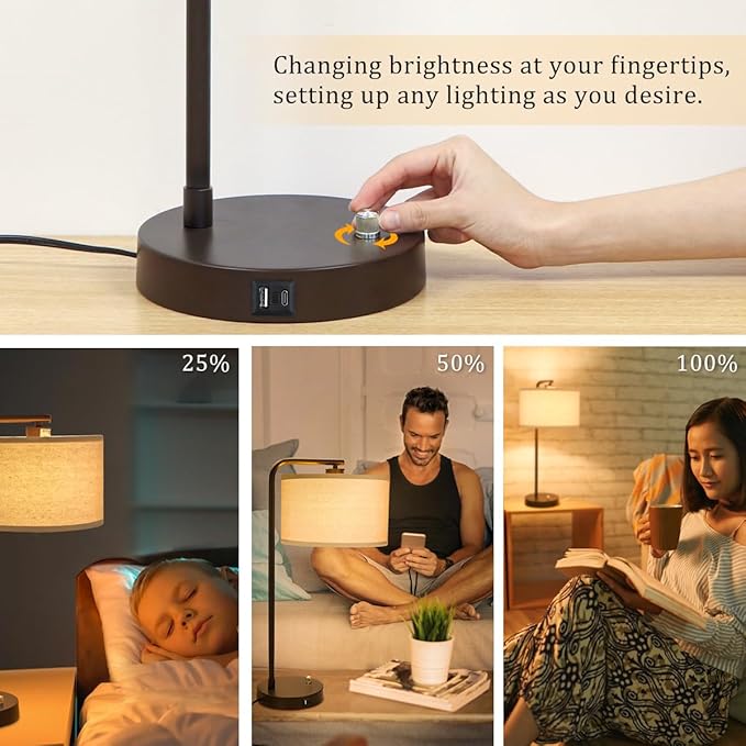 Tall Table Lamp with USB C+A Ports, Fully Stepless Dimmable Modern Minimalist Bedside Nightstand Lamp, Reading Desk Lamp for Bedroom, Living Room, Study Room, Office, 9W 3000K LED Bulb Included