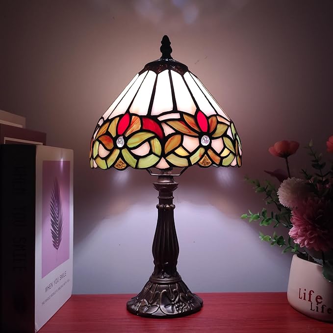 Tiffany Style Small Table Lamp Stained Glass Antique Bedside Nightstand Lamp Small Antique Side Desk Light 8X8X15 Inch for Bedroom Living Room Home Office,3-Color LED Bulb Include