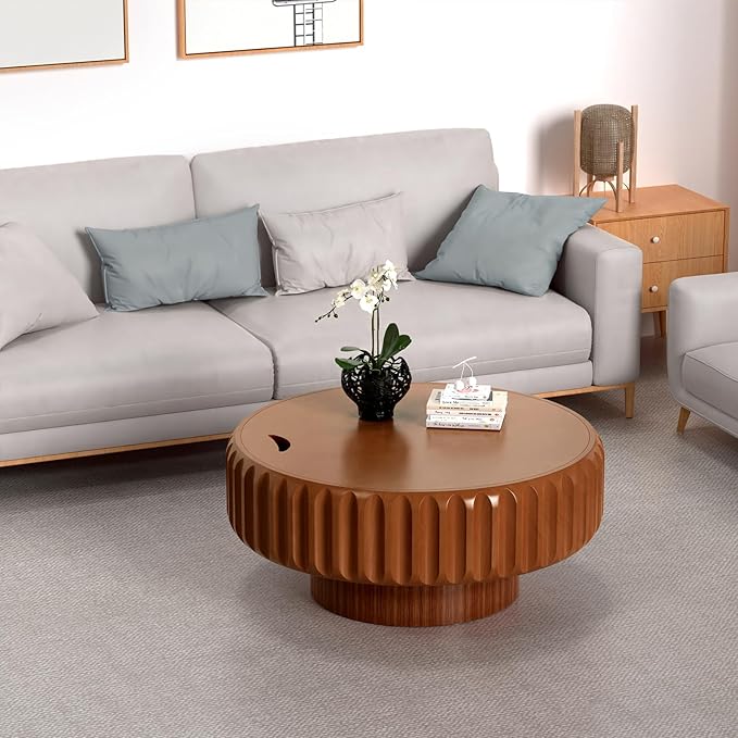 31.5" Drum Coffee Table with Storage Modern Unique Fluted Tea Table Contemporary Wood Round Coffee Table Center Table for Living Room Apartment (brown-31.5in)