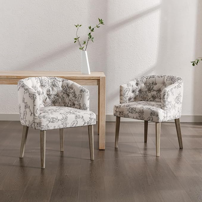 HEAH-YO Modern Dining Chairs Set of 2, Upholstered Linen Fabric Dining Room Chairs with Barrel Backrests, Comfy Kitchen Chair for Dining Room, Beige