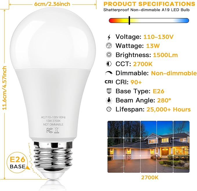 LED Light Bulbs 100W Equivalent 1500 Lumens, A19 13W 2700K Warm White Non-Dimmable, Super Bright No Flicker Standard E26 Edison Screw Bulbs for Home, Bedroom, Office Lamp, 12-Pack
