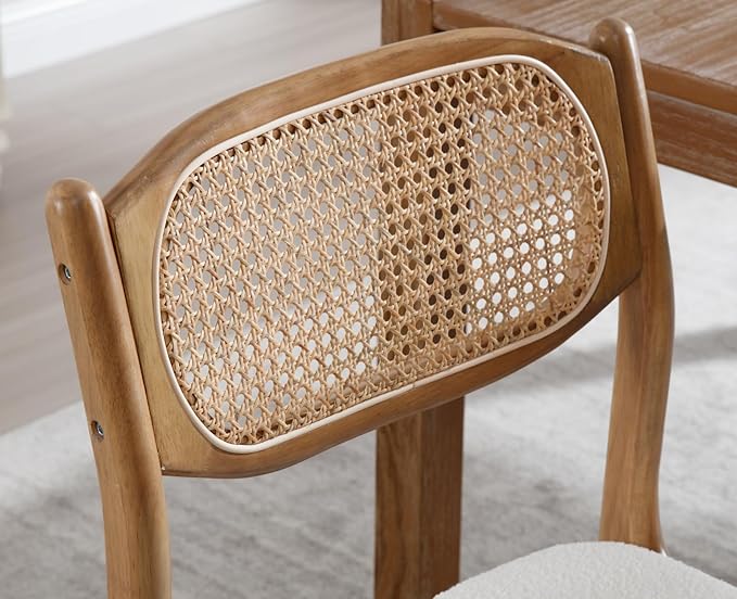 EALSON Farmhouse Rattan Dining Chairs Set of 6 Modern Mid Century Wood Dining Room Chairs with Cane Back Upholstered Sherpa Boucle Kitchen Side Chairs for Living Dining Room,Cream