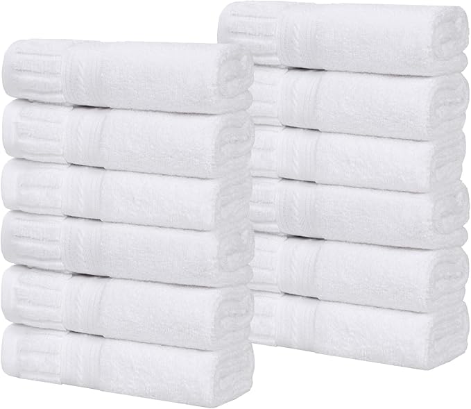 Superior Venice Zero Twist Cotton Medium Weight Small Towels, for Kitchen, Bathroom, Shower, Spa, Plush Essentials, Ribbed Textured Border, Face Towels Washcloths, Set of 12, White