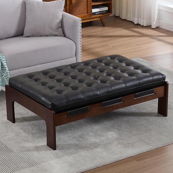 Kmax Coffee Table, 48 Inch Black Leather Ottoman Coffee Table Rectangular Upholstered Dark Wood Center Table Tufted Tea Table, Oversized Footrest Stool for Living Room - PU, Black