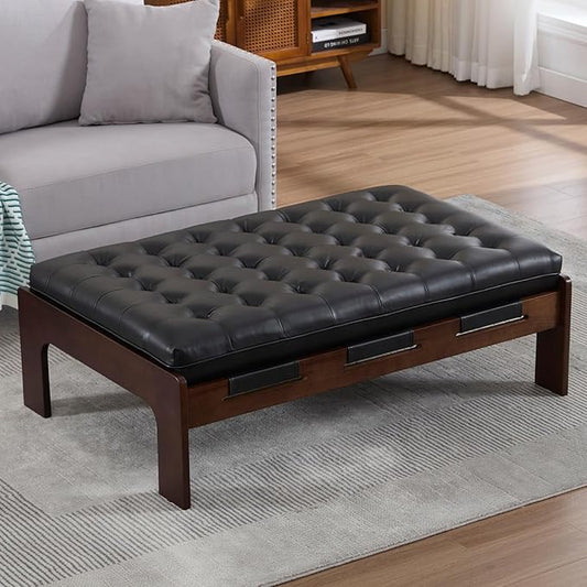 Kmax Coffee Table, 48 Inch Black Leather Ottoman Coffee Table Rectangular Upholstered Dark Wood Center Table Tufted Tea Table, Oversized Footrest Stool for Living Room - PU, Black