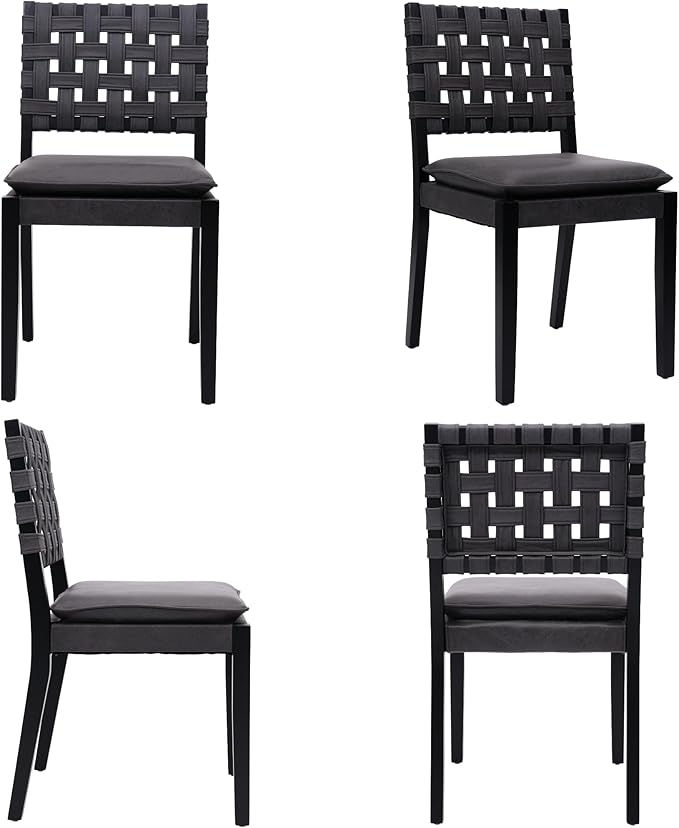 Woven Faux Leather Dining Chairs Set of 2, Farmhouse Upholstered Kitchen Chairs with Wooden Legs Armless Accent Side Chairs for Dining Room/Restaurant, Black