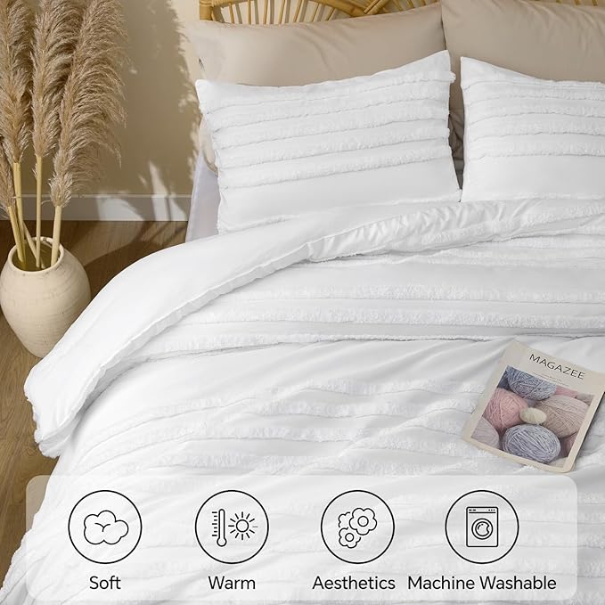 BEDELITE Boho Comforter Set Queen Size, White Tufted Striped Bed Set 3 Pieces, Soft Vintage Farmhouse Comforter for All Seasons, Boho Home Decor,Fluffy Jacquard Bedding with 2 Pillow Shams