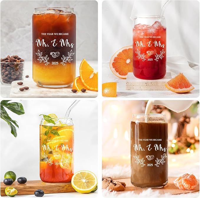 Wedding Gifts for Couples 2025 - Mr and Mrs 16oz Glass Cup With Lid and Straw, Newlywed Gift, Bridal Shower, Just Married Ornaments