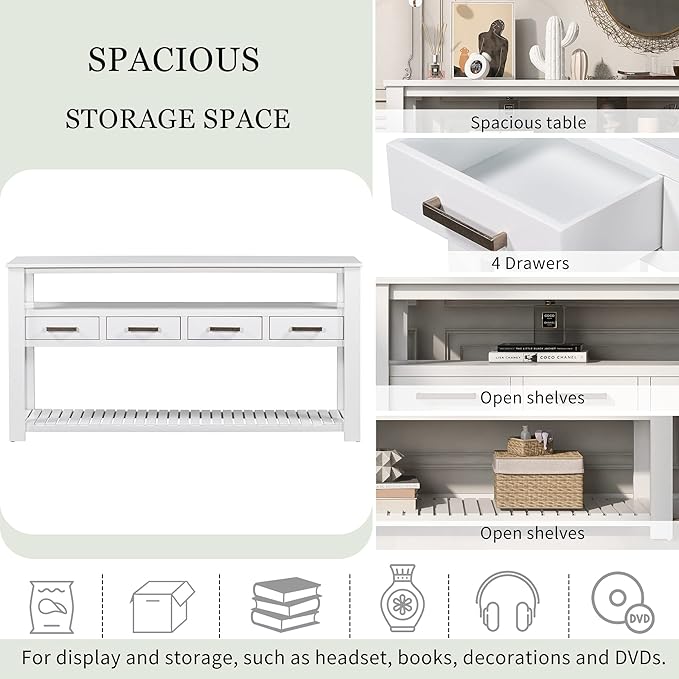 Modern 62'' Console Table Sofa Entryway Table with 4 Drawers and 2 Shelves, Acacia Wood Kitchen Buffet Cabinet Sideboard, Accent Table Furniture for Entryway Kitchen Living Room (White-4DE)