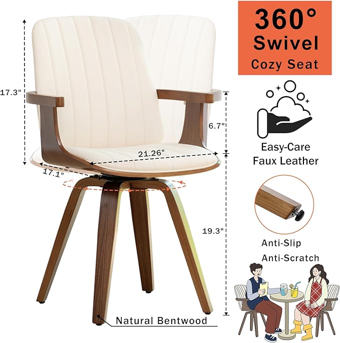 Set of 1 Swivel Dining Chair, Mid Century Modern Dining Chair with Walnut Craftsmanship, Upholstered Faux Leather, Wooden Arms and Legs, Kitchen Chair with Arms for Kitchen/Living Room - Beige