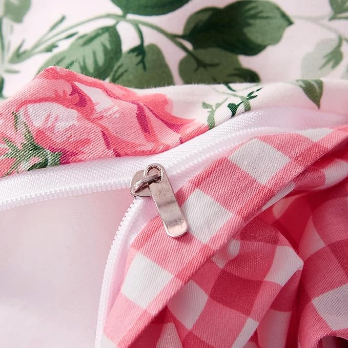 Rose Flower Duvet Cover Twin XL Pink Plaid Grid Floral Duvet Cover 100% Microfiber Girls Flower Comforter Cover with Zipper Closure Cottagecore Bedding Set Botanical Floral Comforter Cover Twin XL