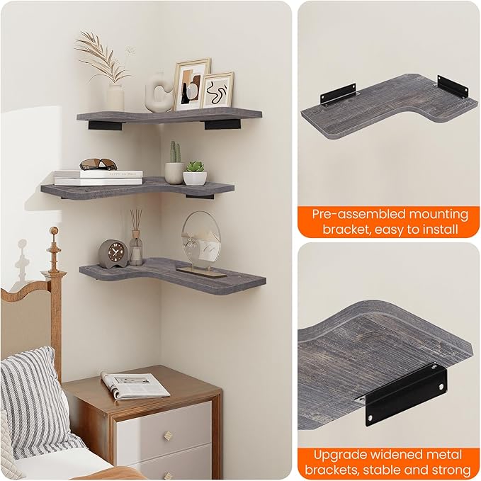 Homode Corner Shelves Wall Mounted, Set of 3 Floating Corner Shelves with Cord Hole, 3 Tier Wooden Hanging Shelves for Storage and Display, for Bathroom Kitchen Living Room, Rustic Grey