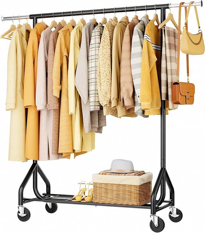 Heavy-Duty 450LBS Capacity Metal Clothes Rack，Rolling Clothing Rack with Wheels & Shelves, Portable Standing Wardrobe Rack for Hanging Clothes, Black
