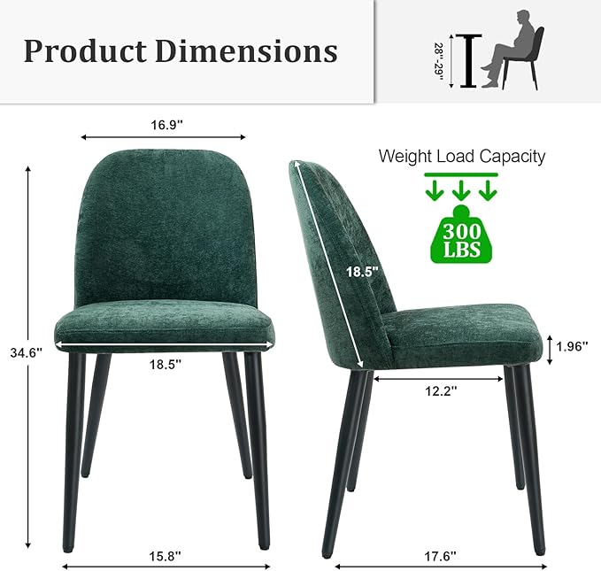 Upholstered Dining Chairs Set of 8, Mid Century Modern Fabric Dining Room Chair High-Back Padded Kitchen Chairs with Padded Seat and Metal Legs for Kitchen Dining Room Restaurant Cafe, Green