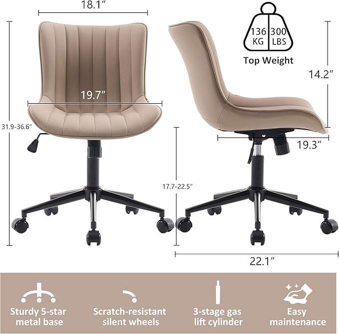 Kidol & Shellder Khaki Leather Home Office Desk Chair with Wheels Modern Cute Armless Executive Swivel Vanity Chair with Comfy Padded Back Ergonomic Rolling Adjustable Computer Task Chair Small