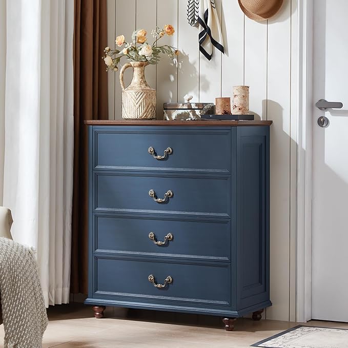 24" Wide Farmhouse Nightstand with Charging Station Set of 2, 37" Tall Rustic Chests of Drawers w/ 4 Solid Wood Feet, Farmhouse Furniture Series for Living Room,Bedroom,DarkBlue