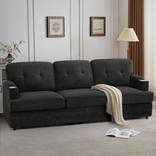 89" Chenille 3 Seats Sofa with Built-in Cup Holder, Tufted Modern Couch with Thickened Seat Cushions, Soft Upholstered Sofa with Deep Seating Space for Living Room, Apartment, Dark Grey