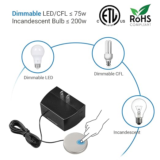 DEWENWILS Touch Dimmer Switch, Touch Pad Control with 3 Levels of Dimming, Dimmable LED/CFL Lights, and Incandescent Bulbs, Extension Cord, 1 Pack, ETL Listed, Black