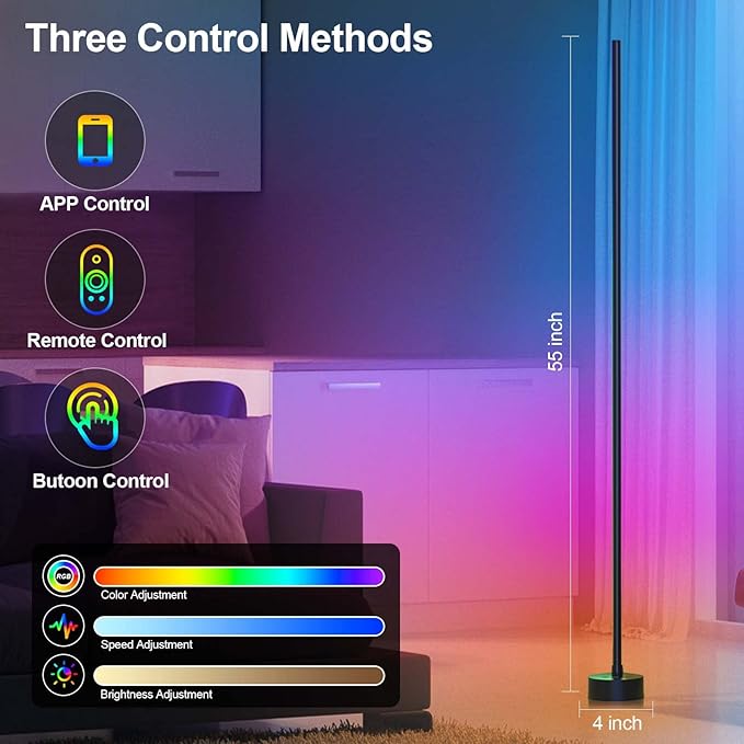 Corner Floor Lamp - Smart RGB LED Corner Lamp with App and Remote Control, 16 Million Colors & 68+ Scene, Music Sync, Timer Setting - Ideal for Living Rooms, Bedrooms, and Gaming Rooms