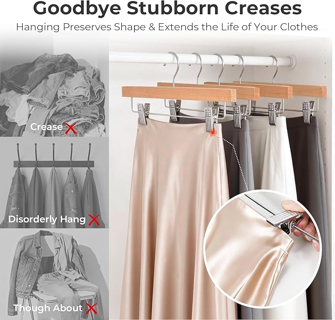 HOUSE DAY Premium Wooden Pants Hangers 15 Pack, Solid Lotus Wood Skirt Hangers with 2-Adjustable Clips, Heavy Duty & Anti Slip Wood Bottom Hanger for Slacks, Jeans, Trousers, Shorts (Natural)