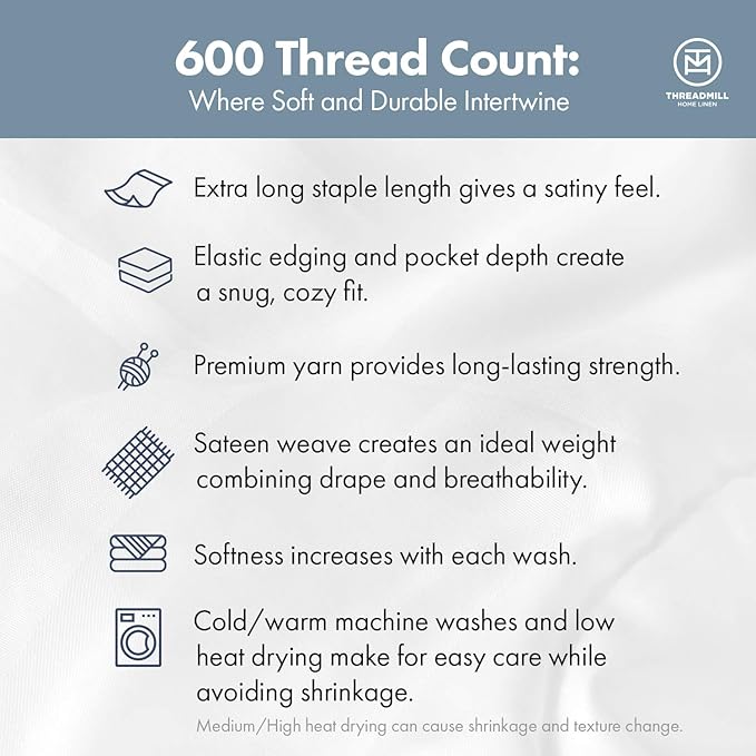 Threadmill 100% Cotton Sheets for Twin Size Bed - 600 Thread Count Twin Bed Sheets Set with 15” Deep Pocket - Damask Stripe Sateen Weave 3-Piece Bedding Set with Cooling Effect, Light Grey