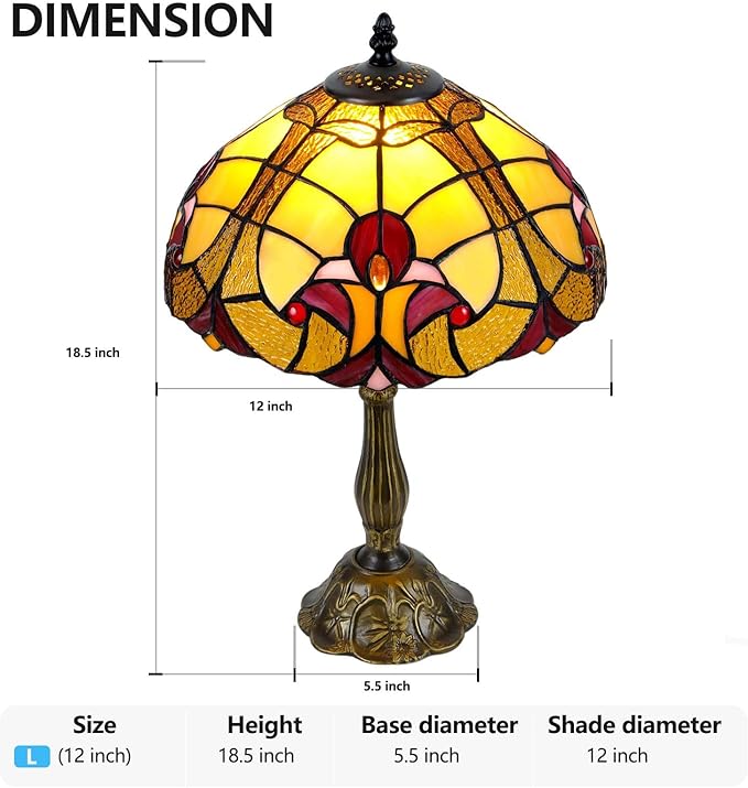 Majestic 12-Inch Tiffany Style Table Lamp,Handcrafted Baroque Stained Glass Lamp with 9W LED,Grand Tiffany Lamps for Living Room, Dining Room, Luxury Home Decor.