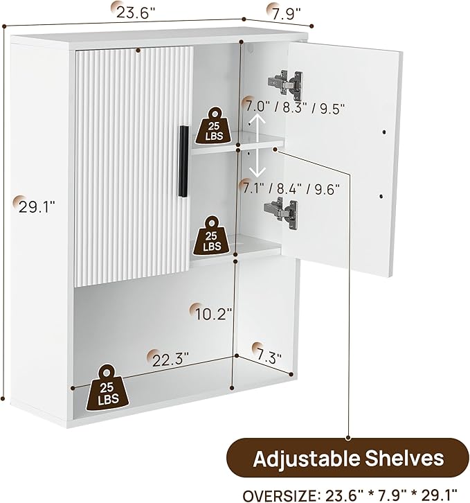 Fluted Bathroom Wall Cabinet with DIY LED Light, Wooden Medicine Cabinet with Tissue Hole, Monuted Wall Cabinet with DTC Hinge (Silent Buffering), Over Toilet Storage Cabinet- Modern White
