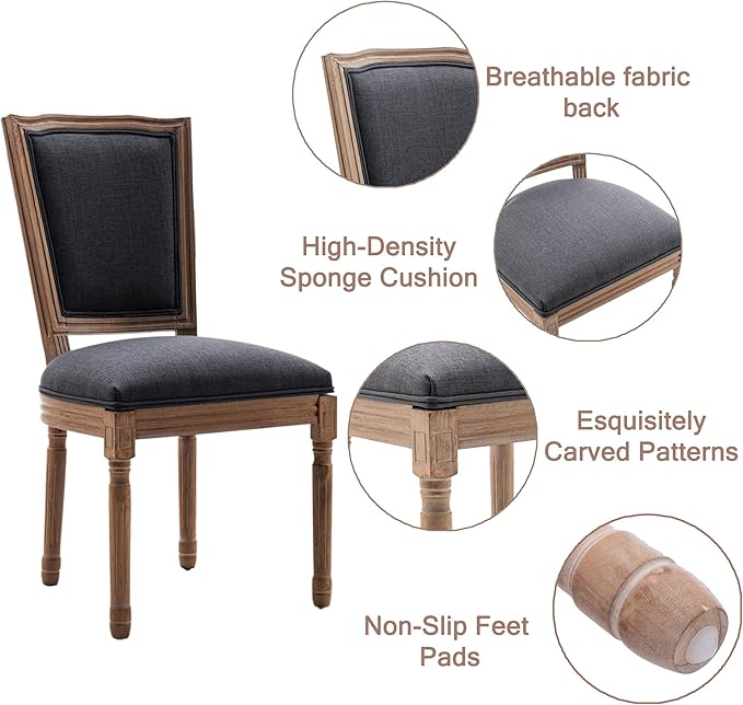 Nrizc Farmhouse Dining Chairs Set of 2, French Dining Chairs with Square Back, Brown Wood Legs, French Bistro Chairs for Dining Room/Living Room/Kitchen/Restaurant, Dark Grey