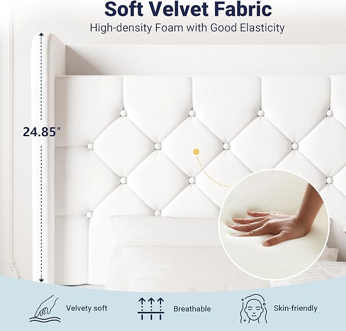 Allewie Full Size Bed Frame, Storage Headboard with Charging Station, Wingback Velvet Upholstered, Diamond Stitched Button Tufted, Sturdy Wooden Slats, No Box Spring Needed, Easy Assembly, White