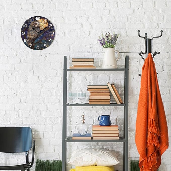 Bolaz Wall Clocks Decorative Bedroom Silent Living Room Desktop Owl Moon Stained Glass Tabletop Shelf Clocks Round Battery Operated 10 Inch Non-Ticking